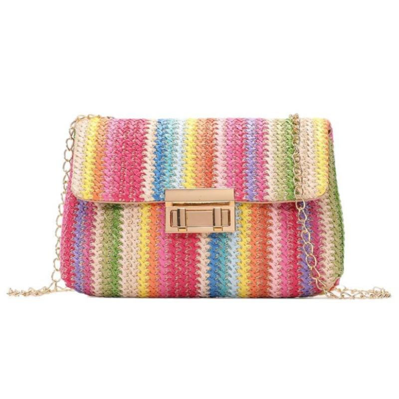 2026 2026 New Rainbow Stripe Straw Shoulder Crossbody Bag for Women Summer Beach Straw Bag with Chain