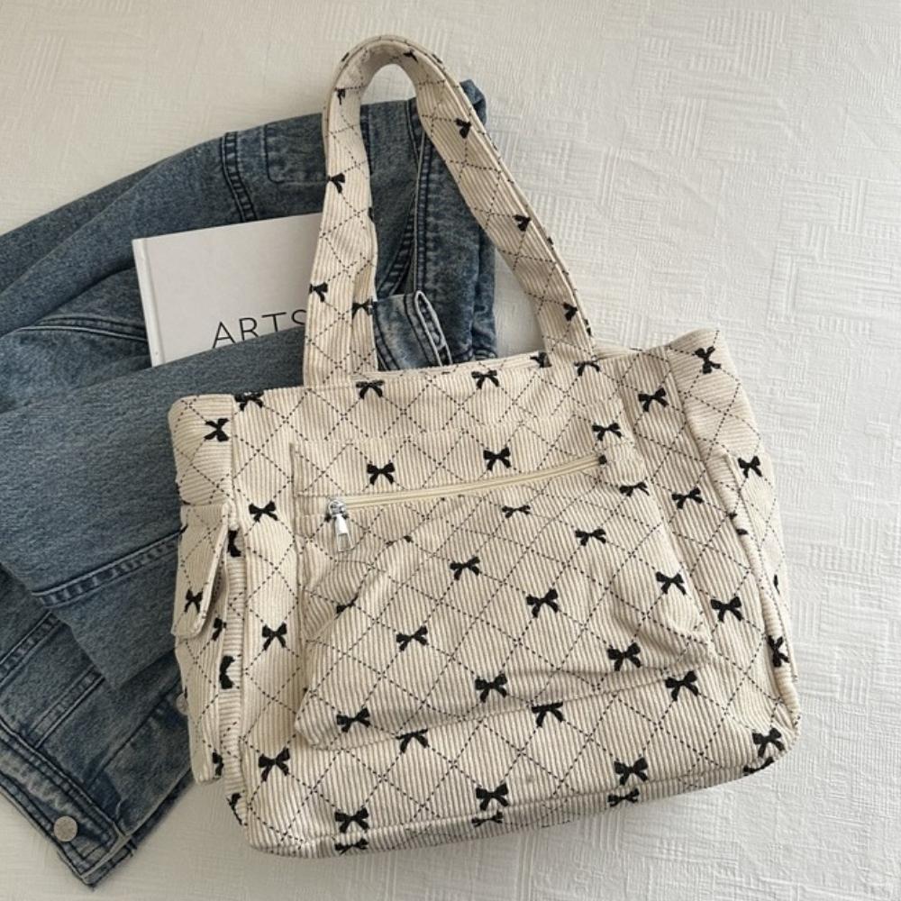 2026 Corduroy Tote Bag Bow Pattern Shoulder Bag Large Capacity Fashion Underarm Commuting Handbags