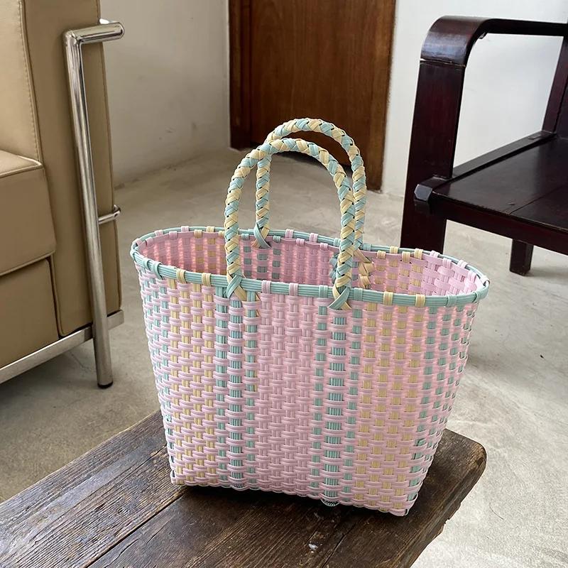 2026 2026 New Vegetable Basket Summer Fashion PVC Handbag Hand Woven Bag Patchwork Striped Tote Beach