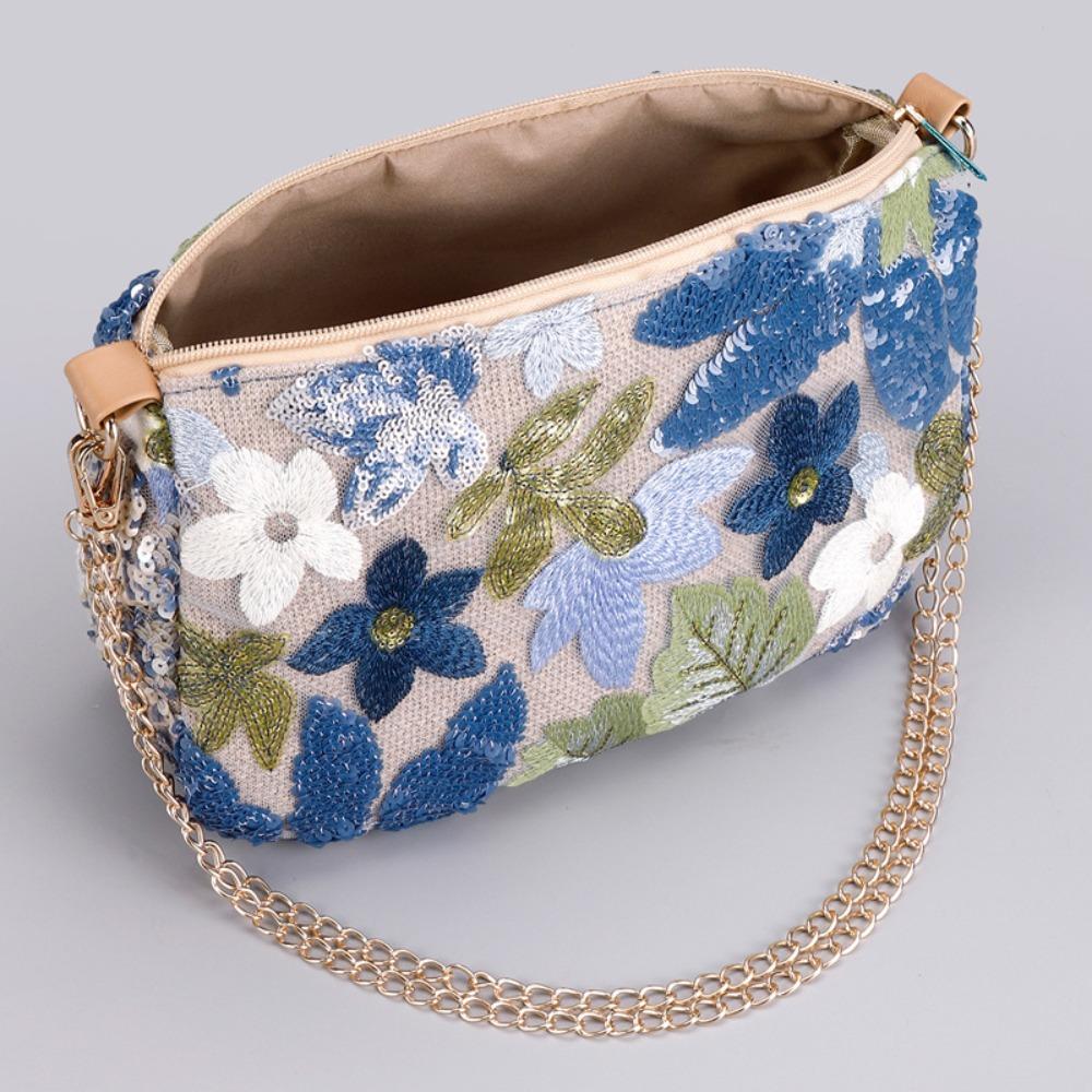 2026 Cute Flower Embroidery Women Shoulder Bags Fashion Sequin Chains Crossbody Bag Summer Casual Beach