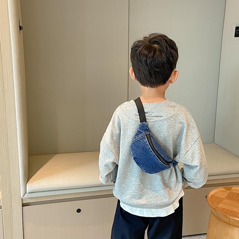 2026 Children's Denim Waist Bag Solid Fashion Zipped Kids Waist Pack Casual Outdoor Sport Bodycross Bag
